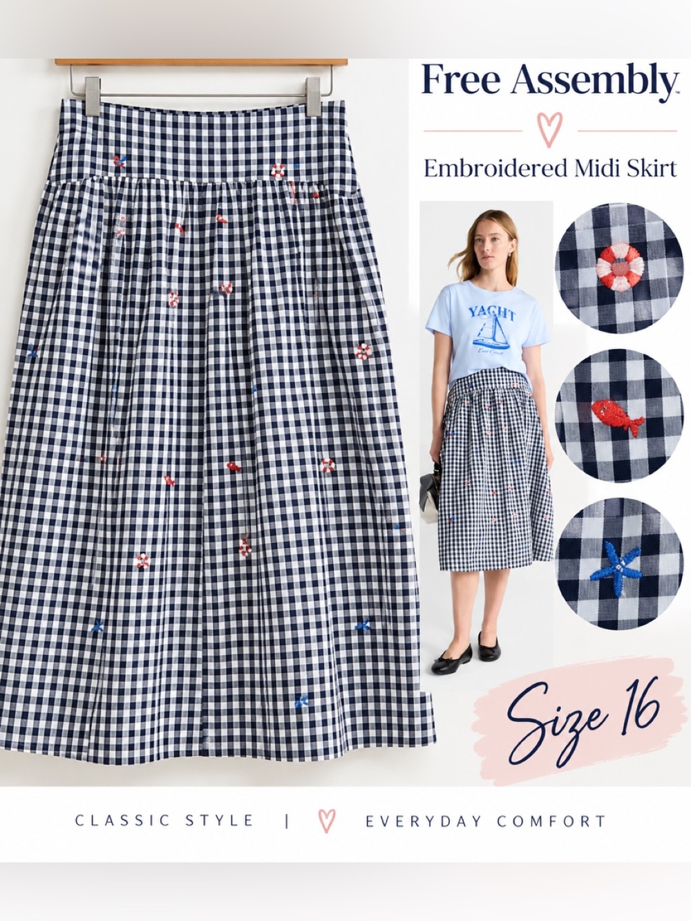 NWT Free Assembly Navy Gingham Embroidered Midi Skirt - Women